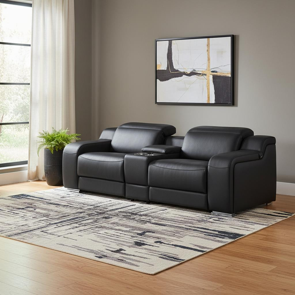 89" Black and Silver Italian Leather Power Reclining Loveseat With Storage