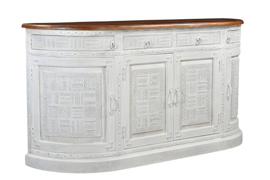 69" White And Brown Solid Wood Carved Geometric Four Drawer Four Door Sideboard