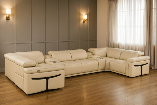 Beige Italian Leather Power Reclining U Shaped Eight Piece Sectional With Console
