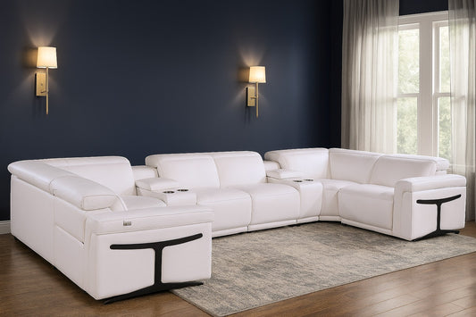 White Italian Leather Power Reclining U Shaped Eight Piece Corner Sectional With Console