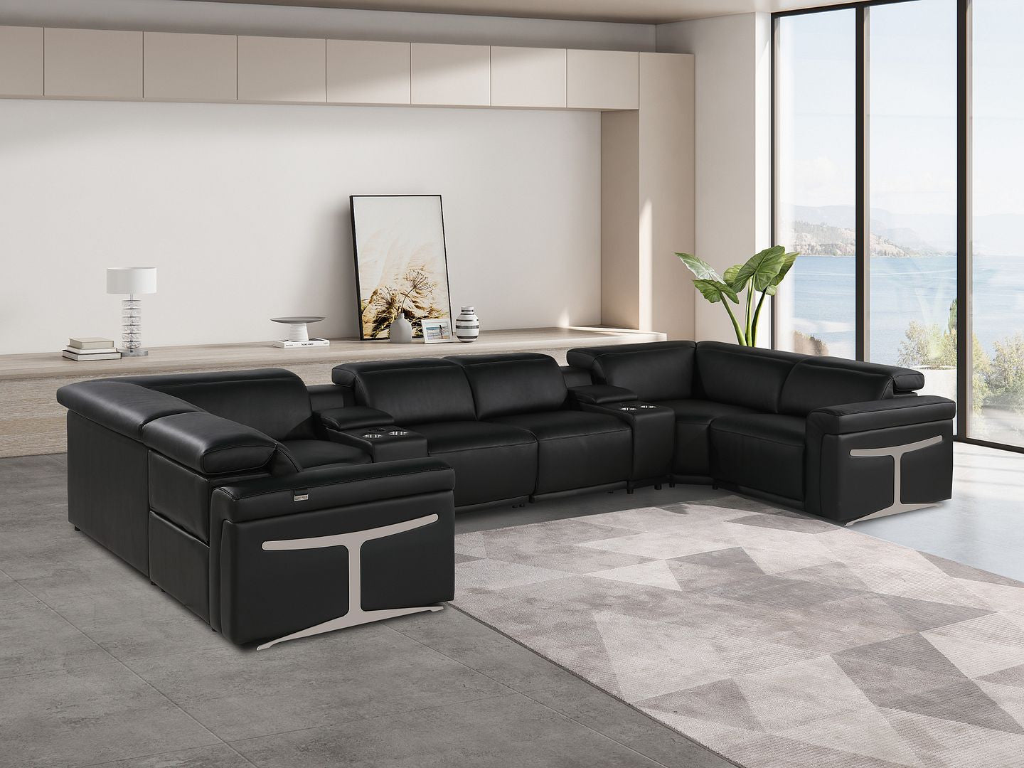Black Italian Leather Power Reclining U Shaped Eight Piece Corner Sectional With Console