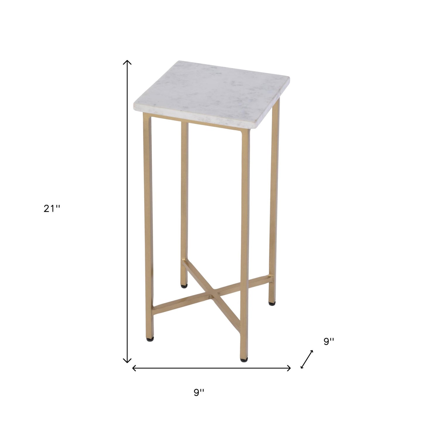 21" White and Gold Distressed Marble and Iron Square End Table
