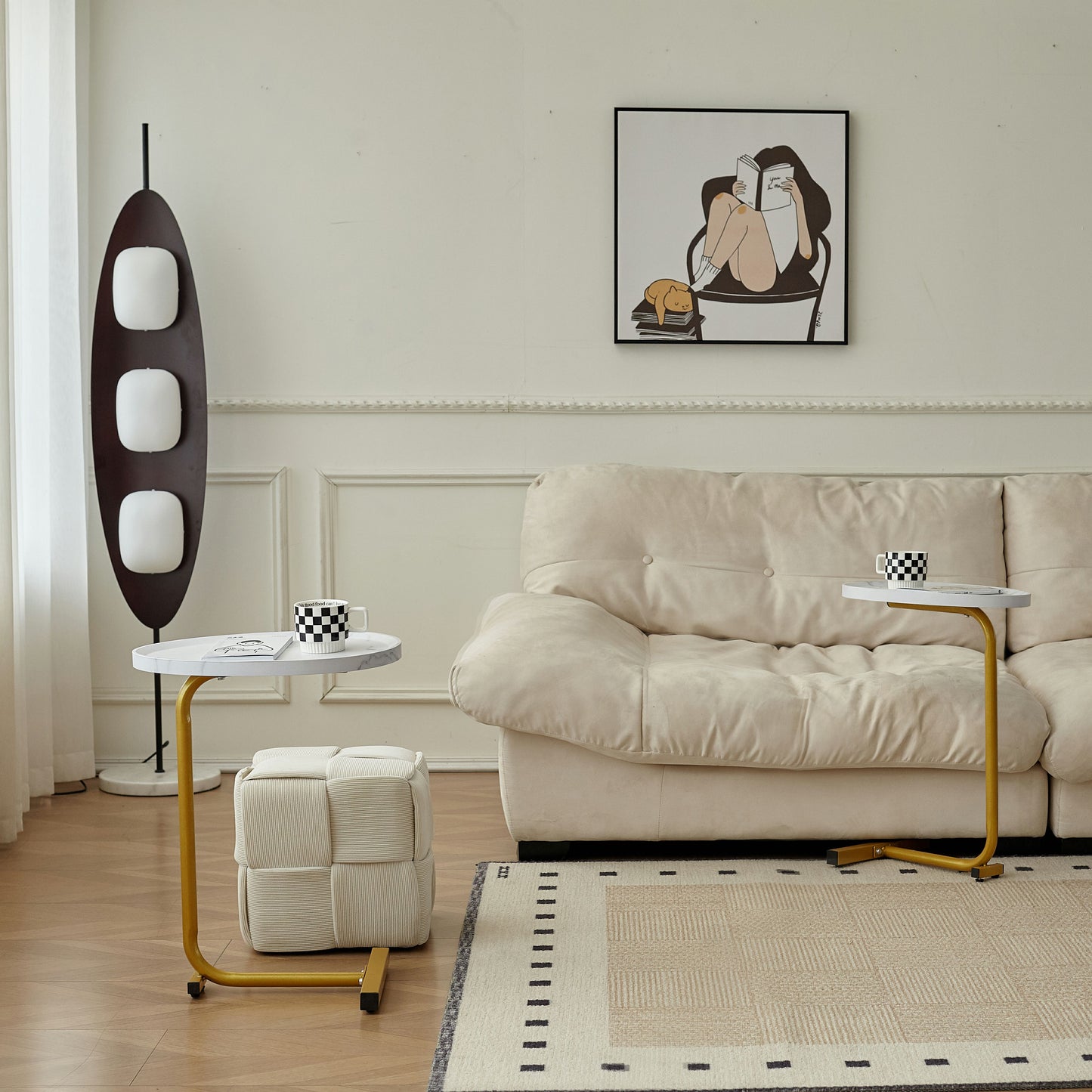 Set of Two White and Gold Faux Marble and Metal Oval End Tables