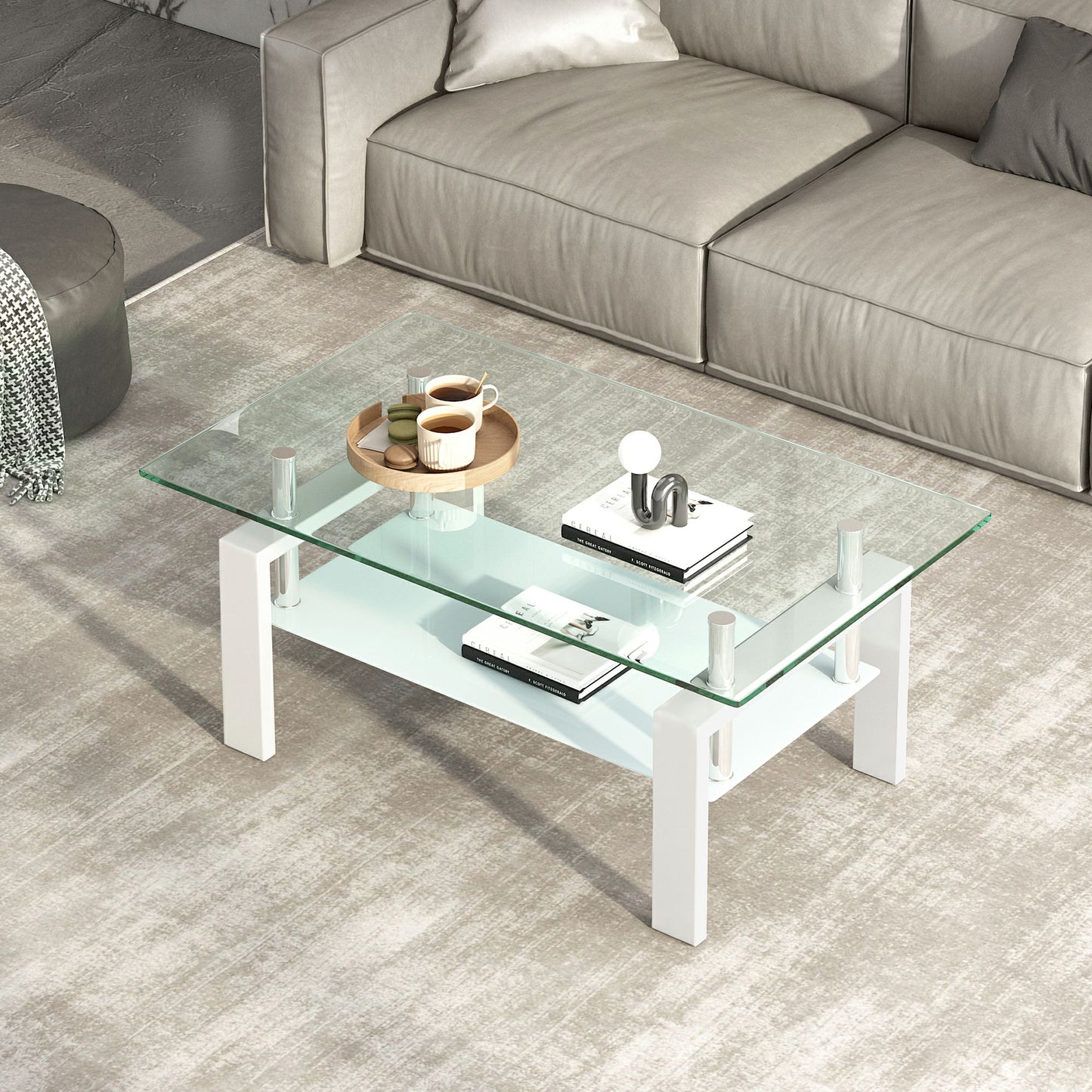 39" Clear and White Glass and Steel Coffee Table With Shelf