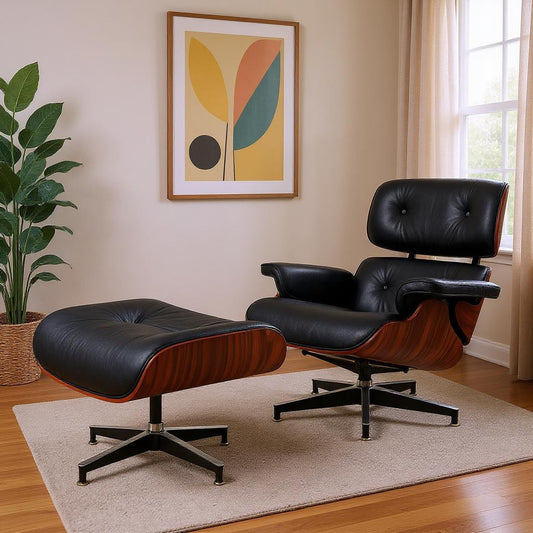 27" Black and Rosewood Tufted Genuine Leather Swivel Lounge Chair With Ottoman