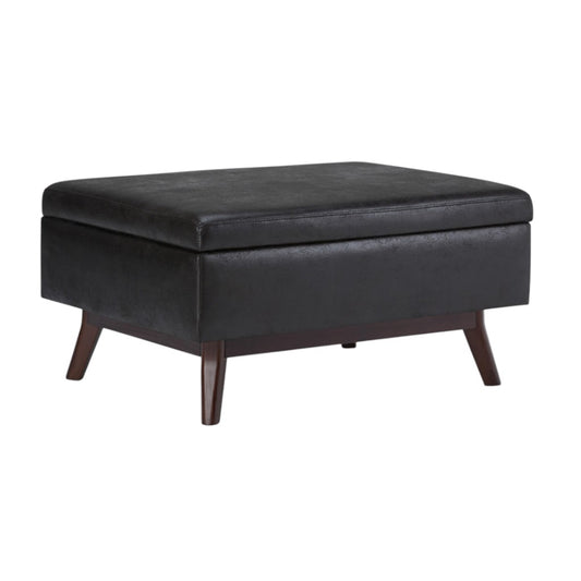 34" Black and Brown Leather Cocktail Ottoman With Storage