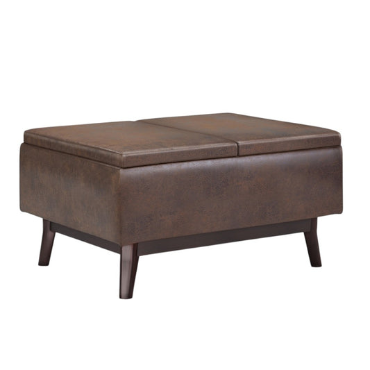 34" Brown Leather Cocktail Ottoman With Storage