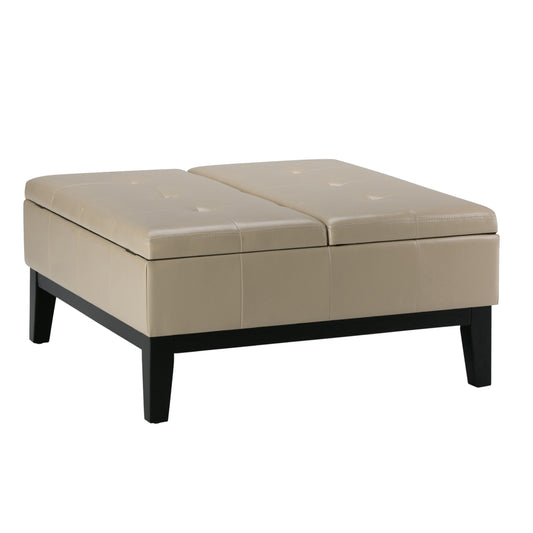 36" Cream and Dark Brown Leather Cocktail Ottoman With Storage