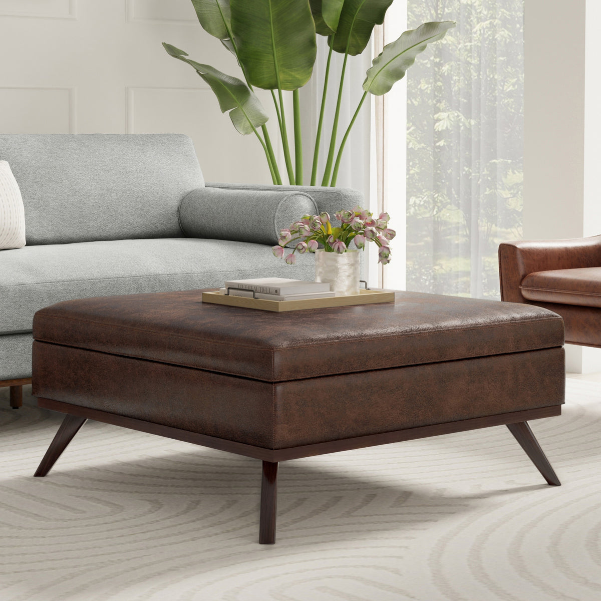 40" Brown Leather Cocktail Ottoman With Storage