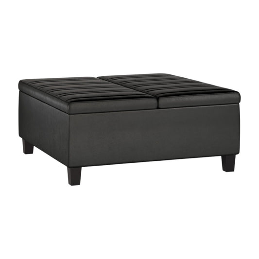 36" Black and Espresso Leather Cocktail Ottoman With Storage