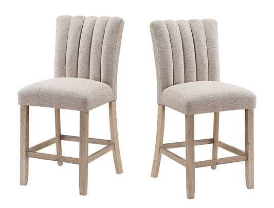 Set of Two 26" Beige and Natural Solid Manufactured Wood Fabric and Wood Bar Height Bar Chairs
