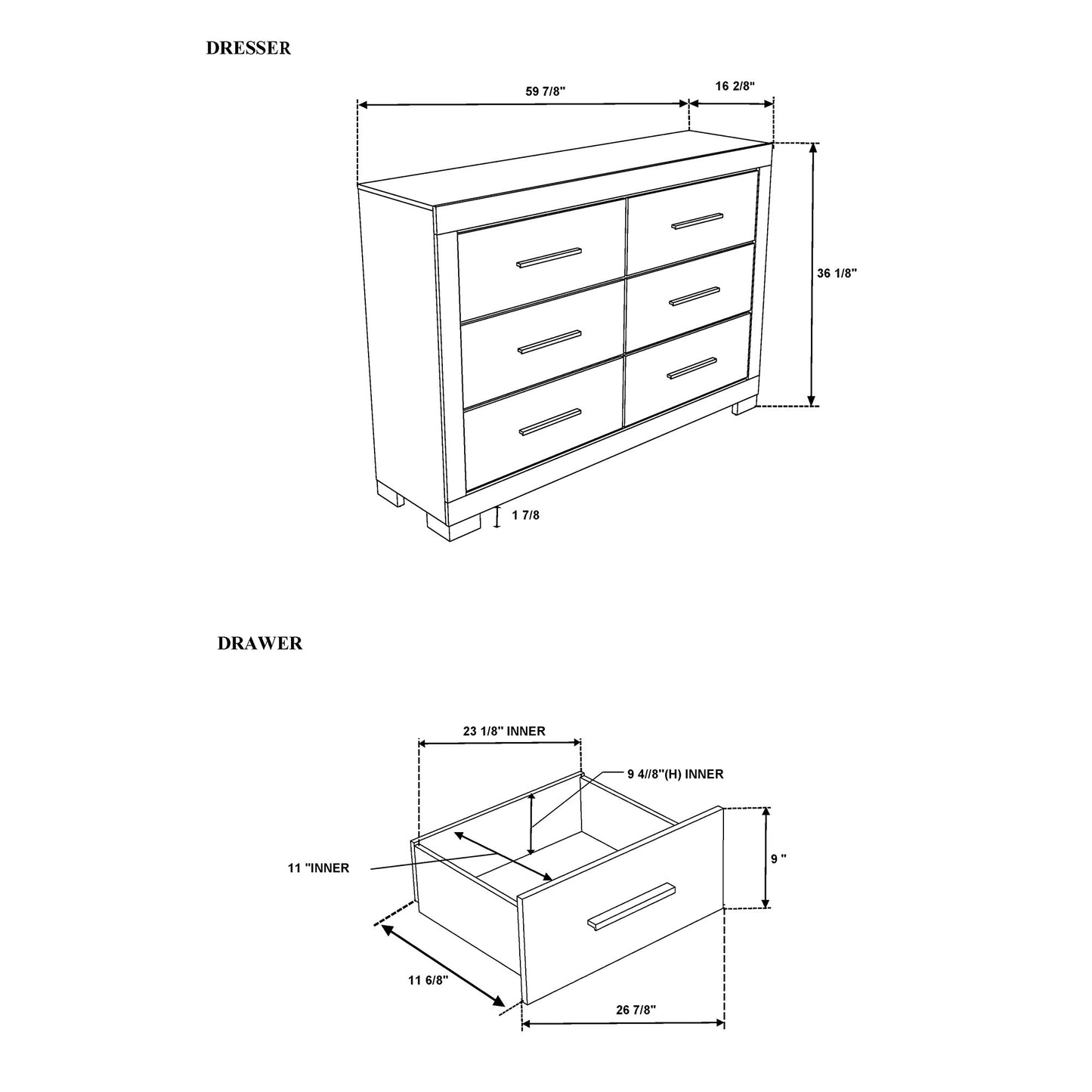 63" Black And Gray Wood Six Drawer Double Dresser
