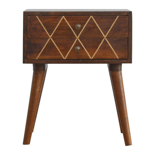 22" Chestnut Solid Wood Geometric Brass Inlay Two Drawer Nightstand