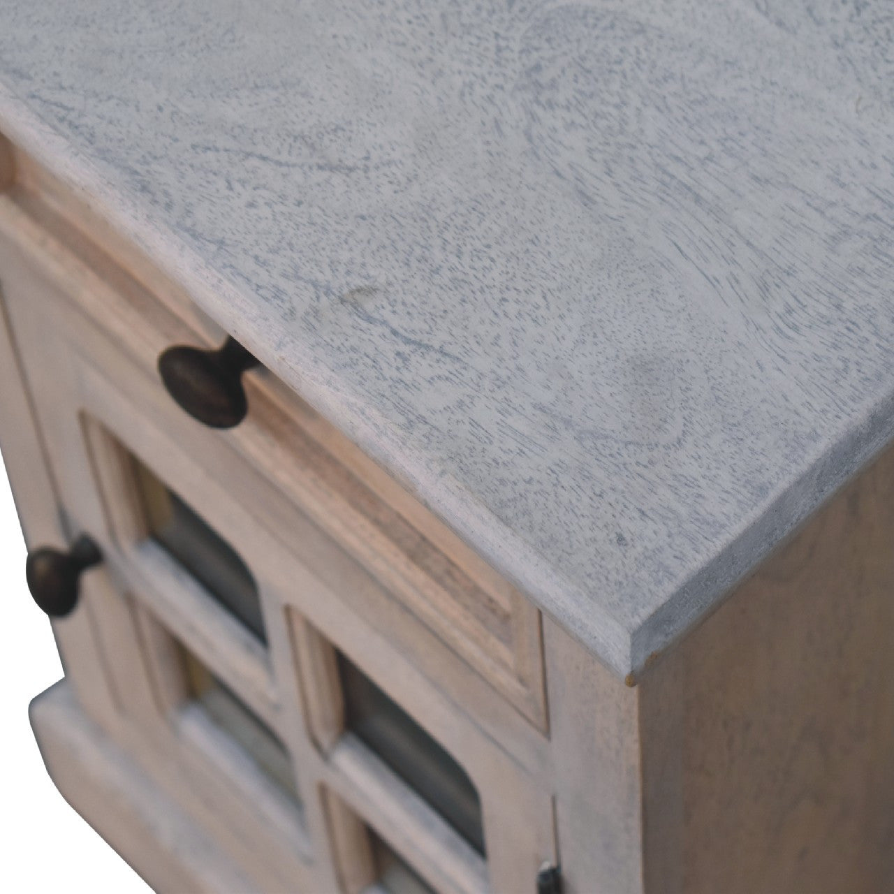 24" Gray Solid Wood And Glass Distressed Two Drawer Nightstand