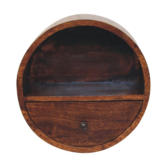 16" Chestnut Solid Wood Round One Drawer Floating Nightstand
