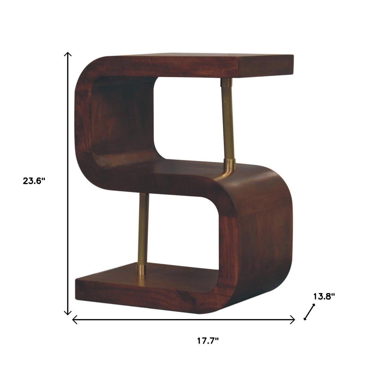 24" Chestnut And Gold Solid Wood Curved Nightstand