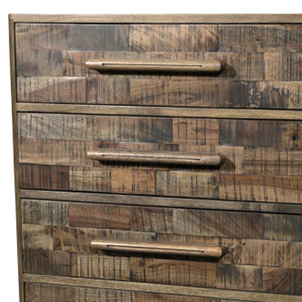 35" Brown Carved Geometric Solid Wood Five Drawer Dresser