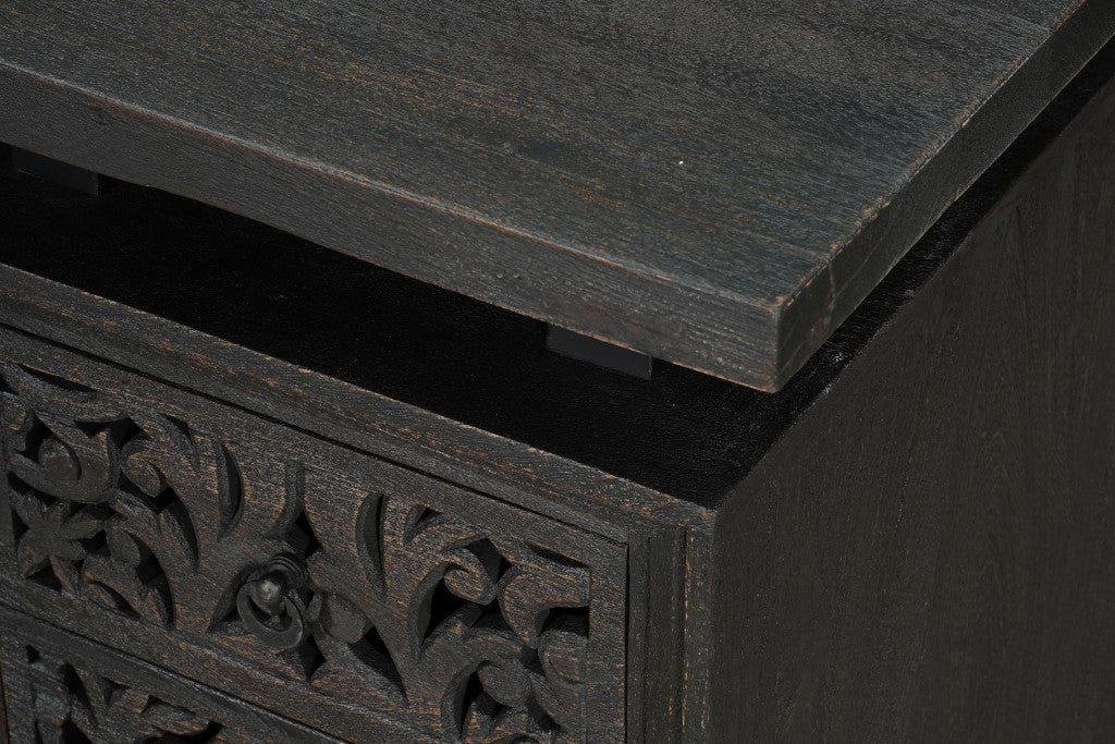 68" Black Solid Wood and Metal Carved Floral Desk With Three Drawers