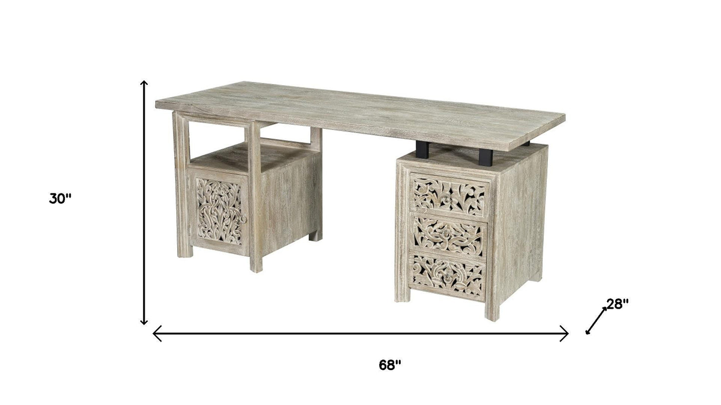 68" White Solid Wood and Metal Carved Floral Desk With Three Drawers