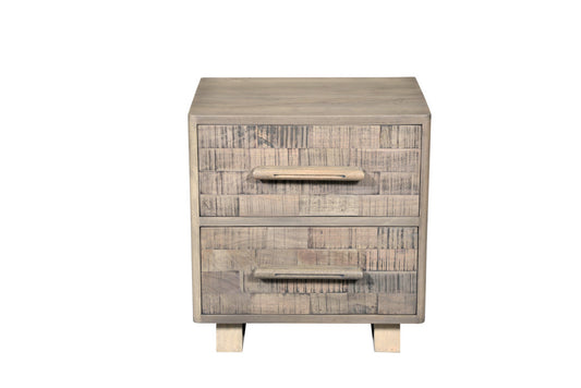 26" Gray Solid Wood Carved Geometric Two Drawer Nightstand
