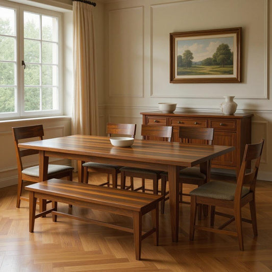 Nine Piece Brown Solid Wood Dining Set with Eight Chairs and One Bench