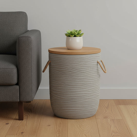 18" Natural and Gray Solid Wood and Faux Concrete Round Drum End Table