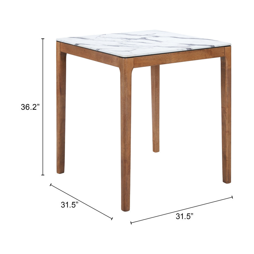 32" White and Natural Faux Marble and Solid Wood Square Bar Table