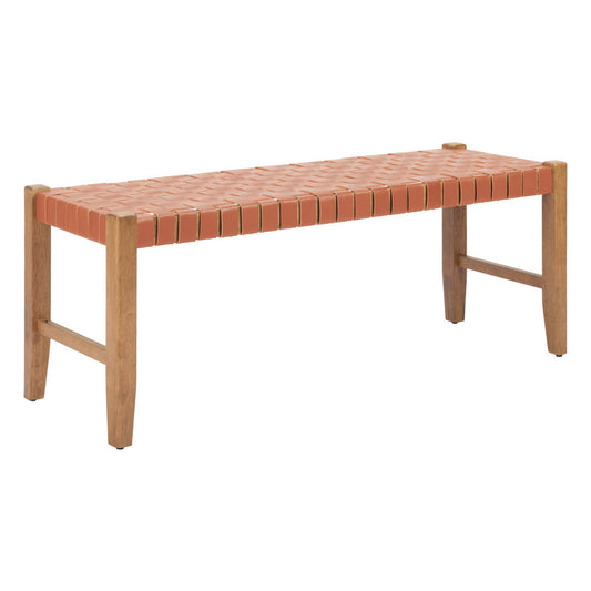 48" Tan and Brown Faux Leather and Solid Wood Upholstered Bench