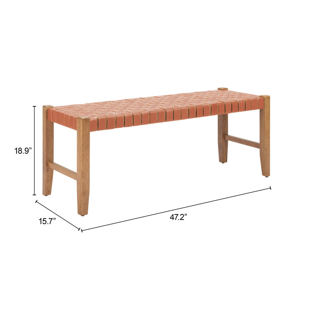 48" Tan and Brown Faux Leather and Solid Wood Upholstered Bench