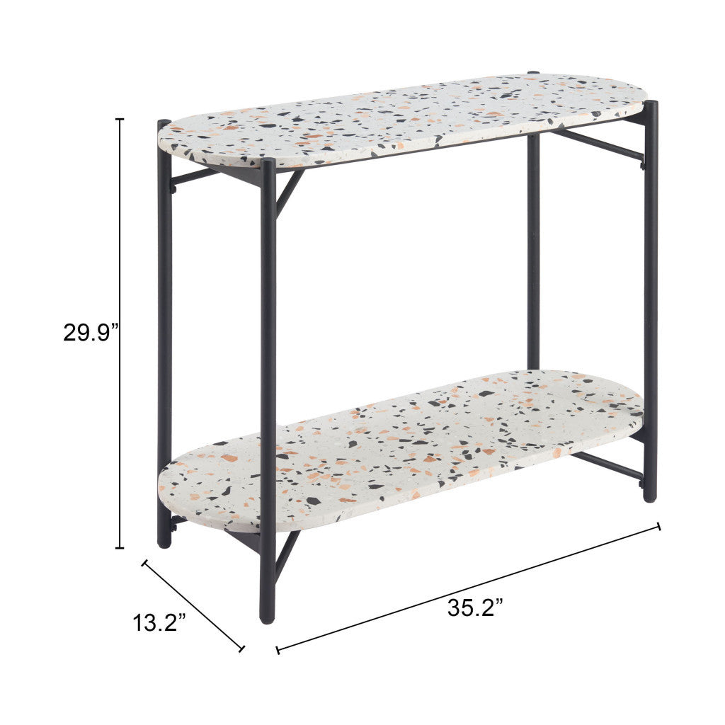 36" White and Black Faux Terrazzo and Steel Oval Console Table With Shelf