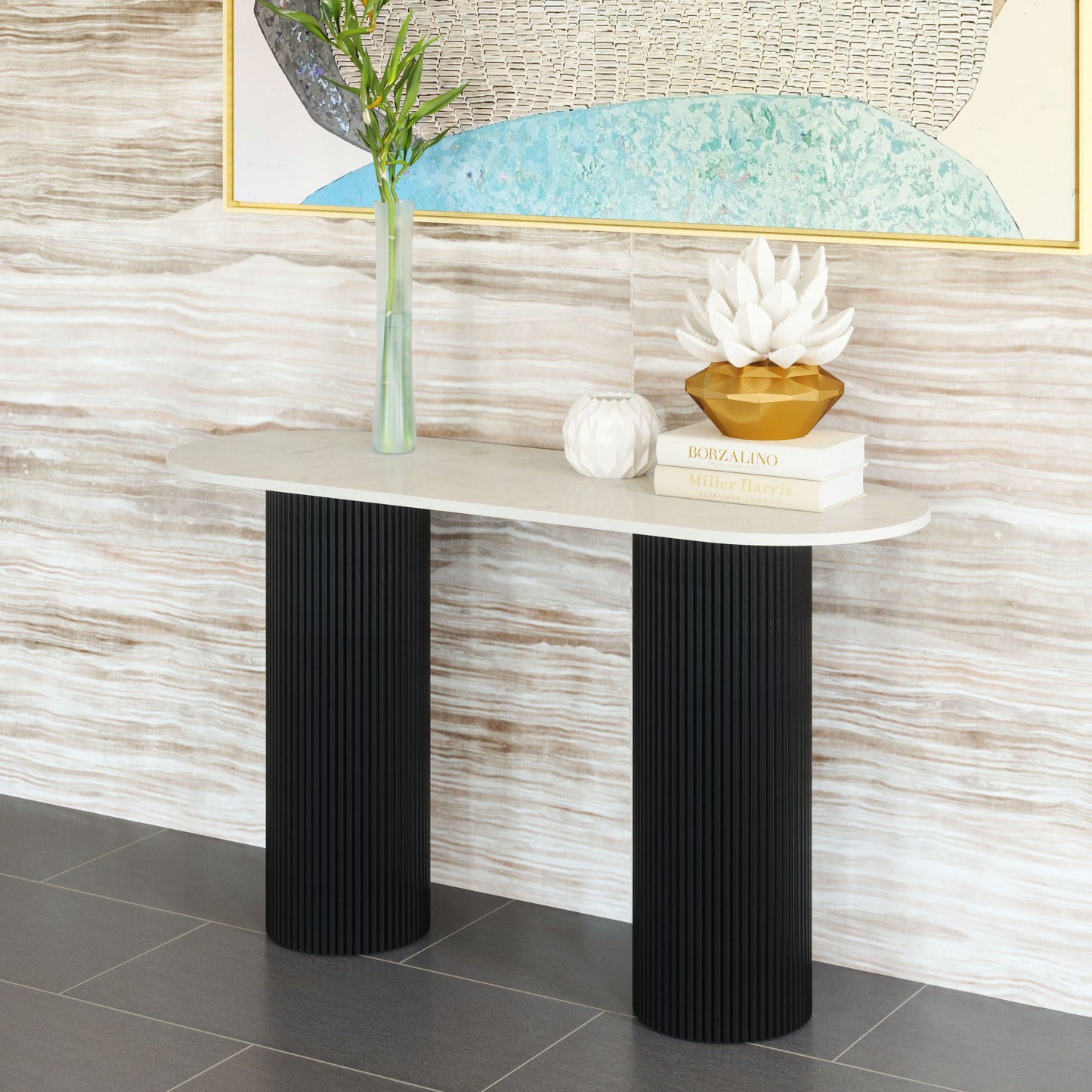 52" White and Black Genuine Marble and Solid Wood Oval Double Pedestal Console Table