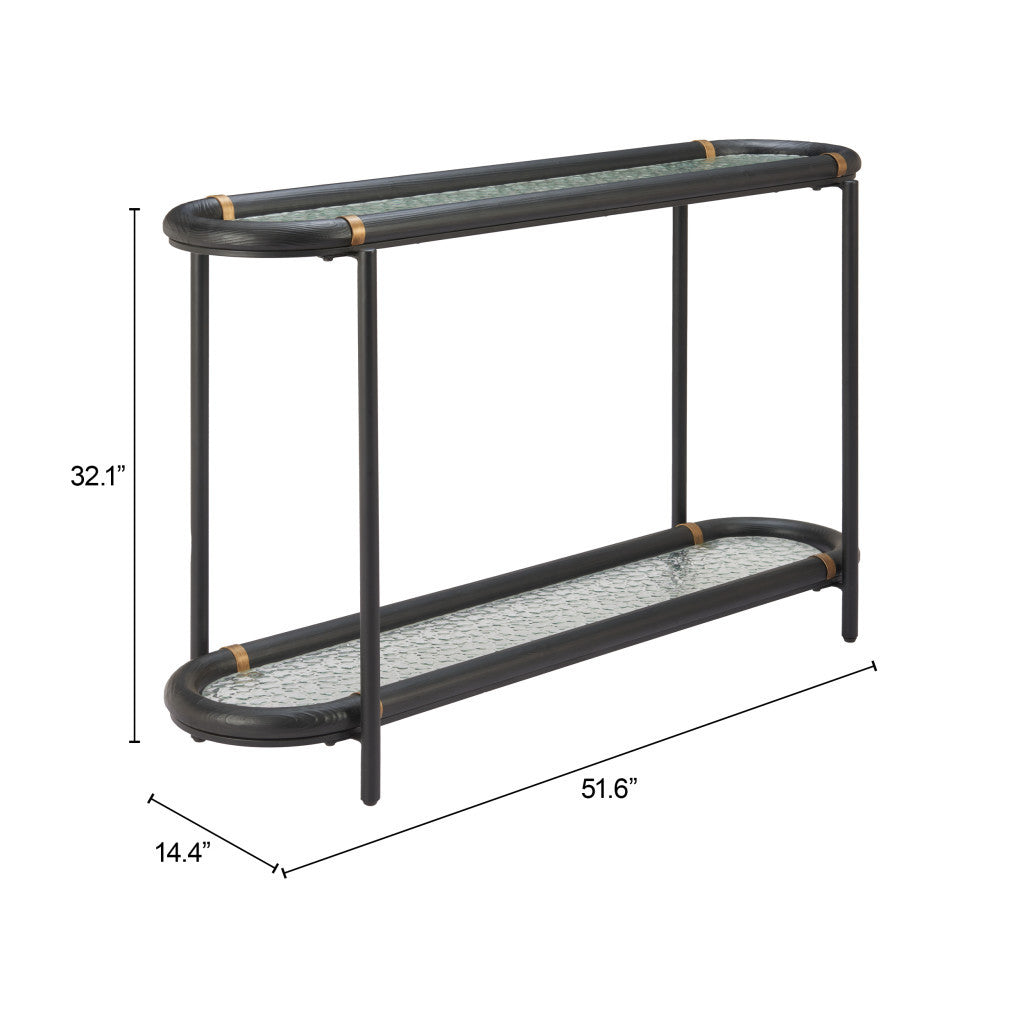 52" Black and Clear Glass Solid Wood and Steel Oval Console Table With Shelf