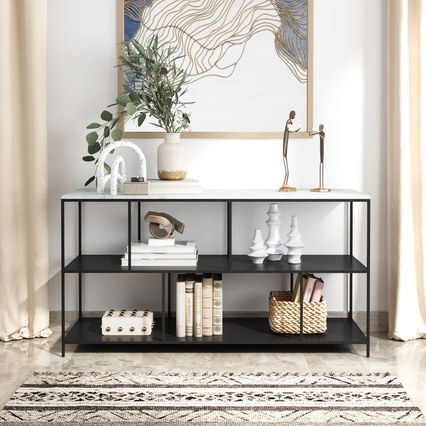 54" White and Black Genuine Marble and Steel Frame Console Table With Two Shelves