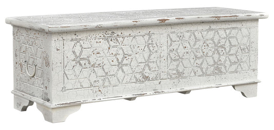 52" White Rustic Solid Wood Geometric Storage Ottoman