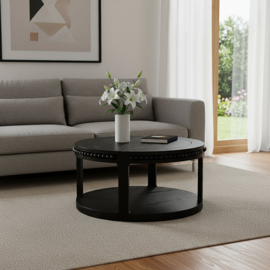 32" Black Wood Floor Shelf Beaded Round Coffee Table