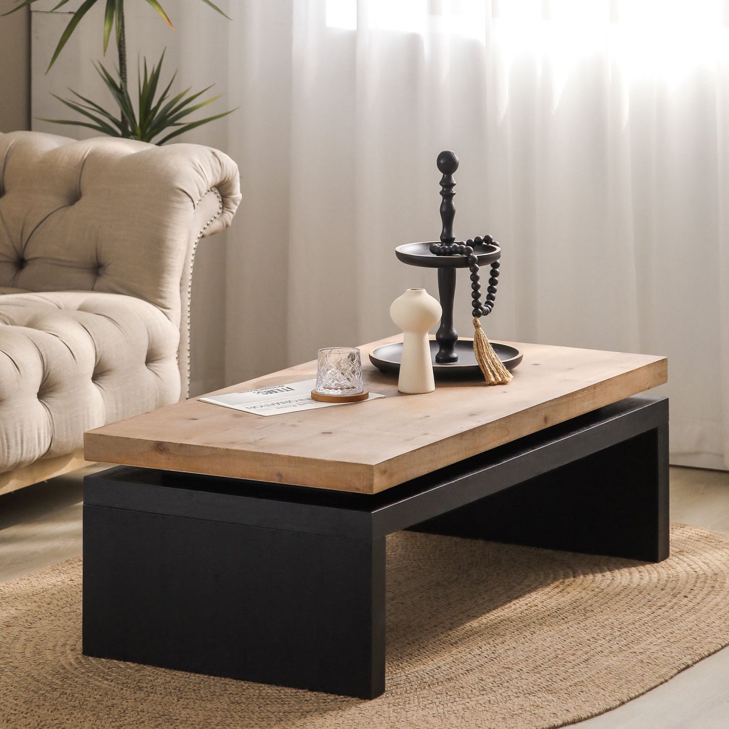 48" Natural and Black Wood Floating Frame Coffee Table