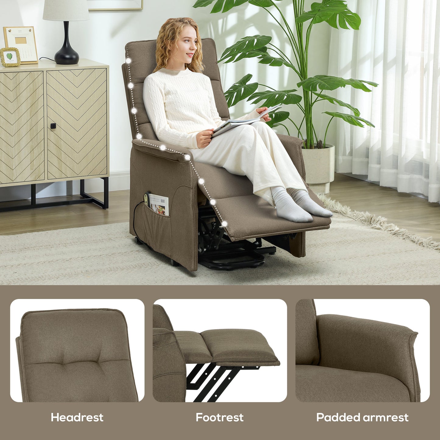 Power Lift Chair for Elderly, Fabric Recliner Sofa with Remote Control, Side Pockets, Quick Assembly, Brown