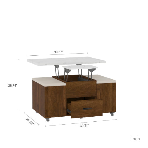 Modern Lift-Up Coffee Table With 4 Stools Set For Living Room Expandable 1 Hidden Storage 2 Drawers Space Saving Folding Dining Table