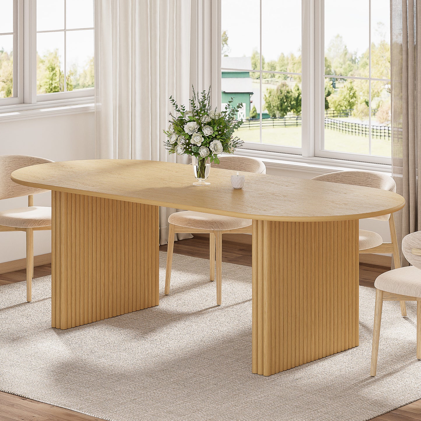 79" Natural Solid Wood Mirrored Double Pedestal Base Oval Dining Table