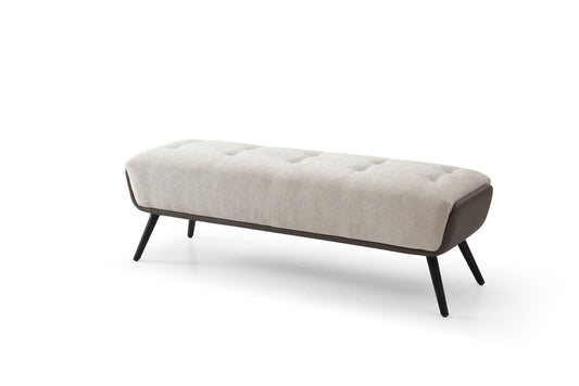 58" Beige and Black Faux Leather and Metal Upholstered Bench