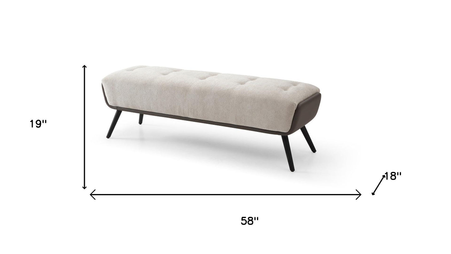 58" Beige and Black Faux Leather and Metal Upholstered Bench