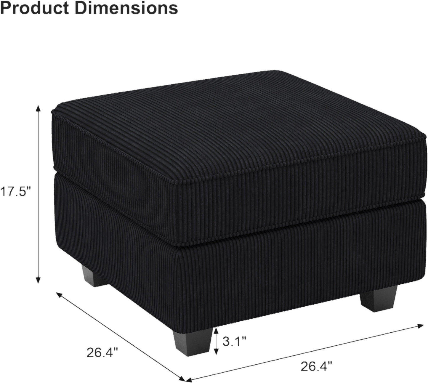 26" Black Corduroy Storage Ottoman