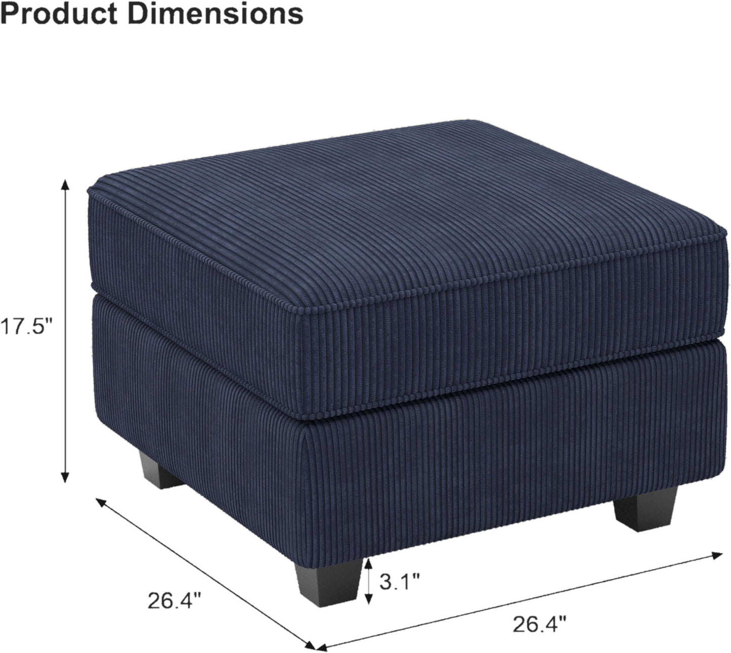 26" Blue and Black Corduroy Storage Ottoman