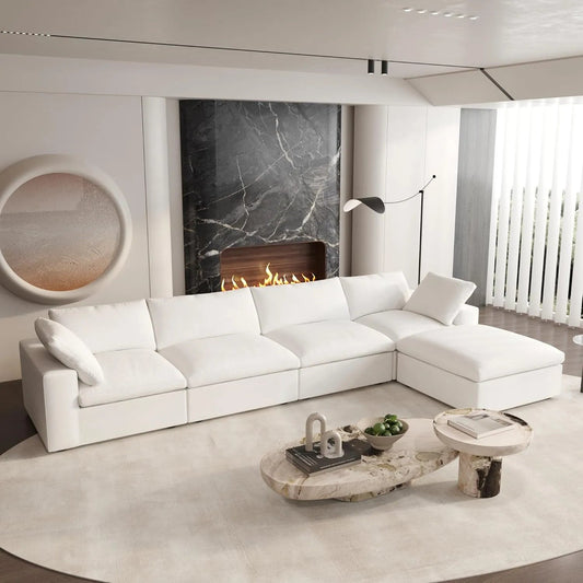 160" White Linen Blend Modular Wood Sofa With Ottoman And Storage