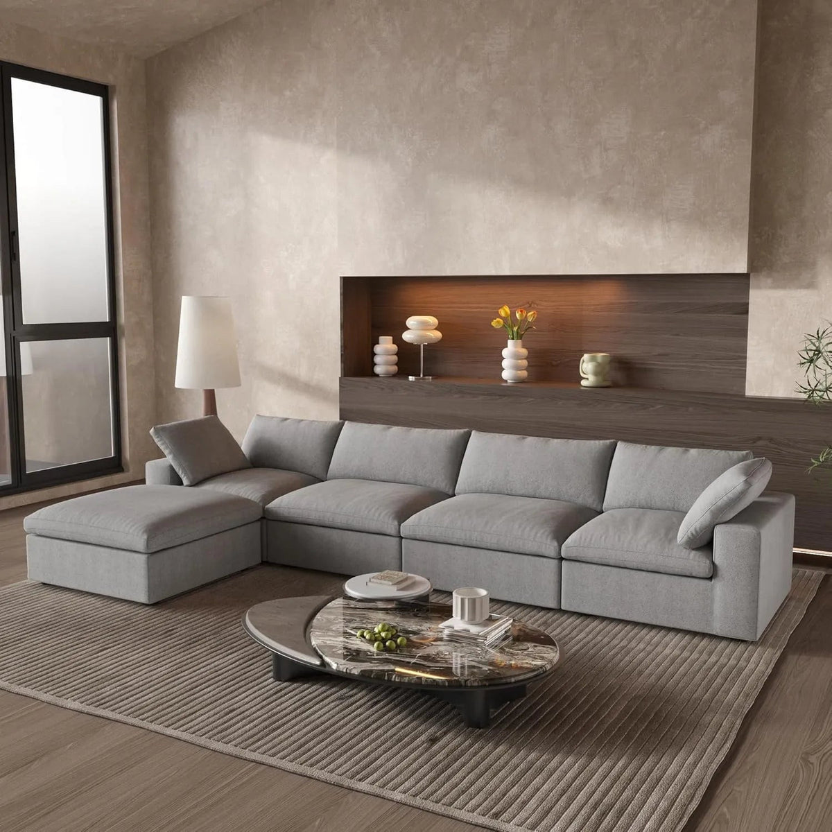 160" Light Gray Linen Blend Modular Wood Sofa With Ottoman And Storage