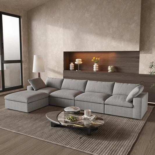 160" Light Gray Linen Blend Modular Wood Sofa With Ottoman And Storage