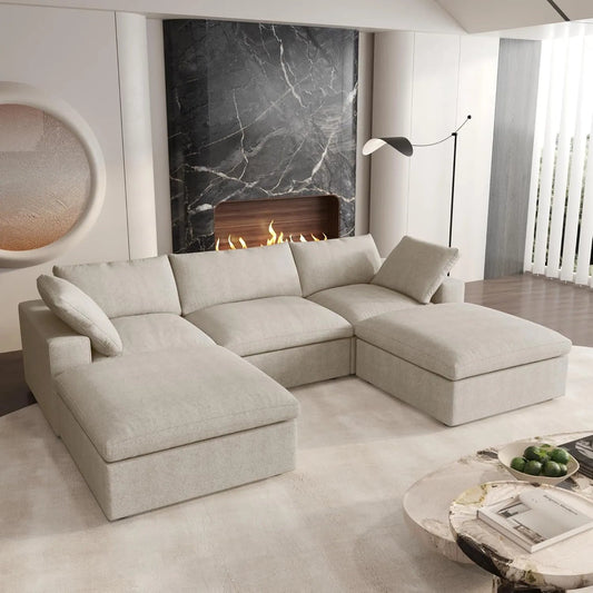120" Khaki Linen Blend Modular Wood Sofa With Ottoman And Storage