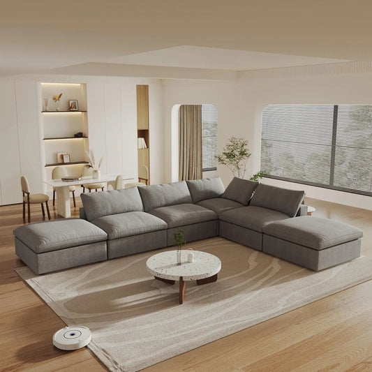 160" Light Gray Linen Blend Modular Wood Sofa With Ottoman And Storage