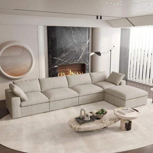 120" Khaki Linen Blend Modular Wood Sofa With Ottoman And Storage