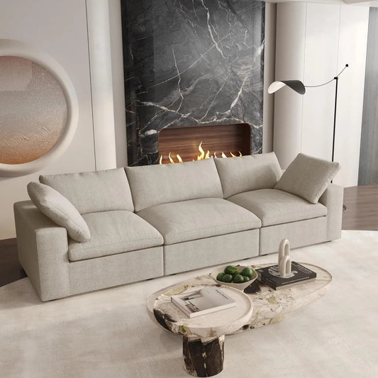 120" Khaki Linen Blend Modular Wood Sofa